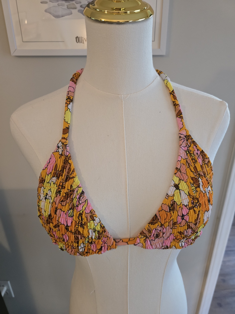 Xhilaration Floral Shirred Triangle Bikini Top in Pink, Yellow, Orange